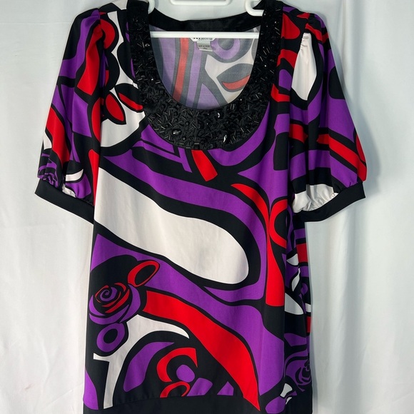 Nygard Collection XL (18-20) Abstract Print Blouse with Beaded Neckline - Picture 2 of 11